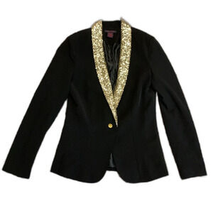 Imaginary Voyage Y2K Black with Gold Sequin Lapel Tuxedo Suit Jacket Size Small